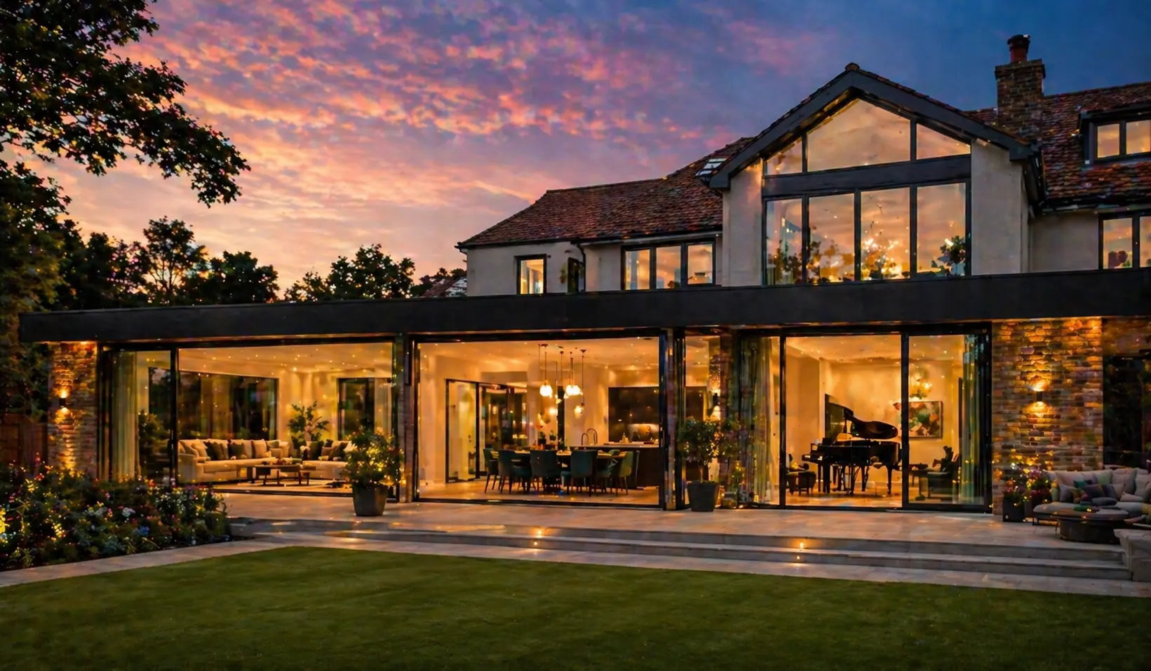Architectural living space with full-height aluminium glazing